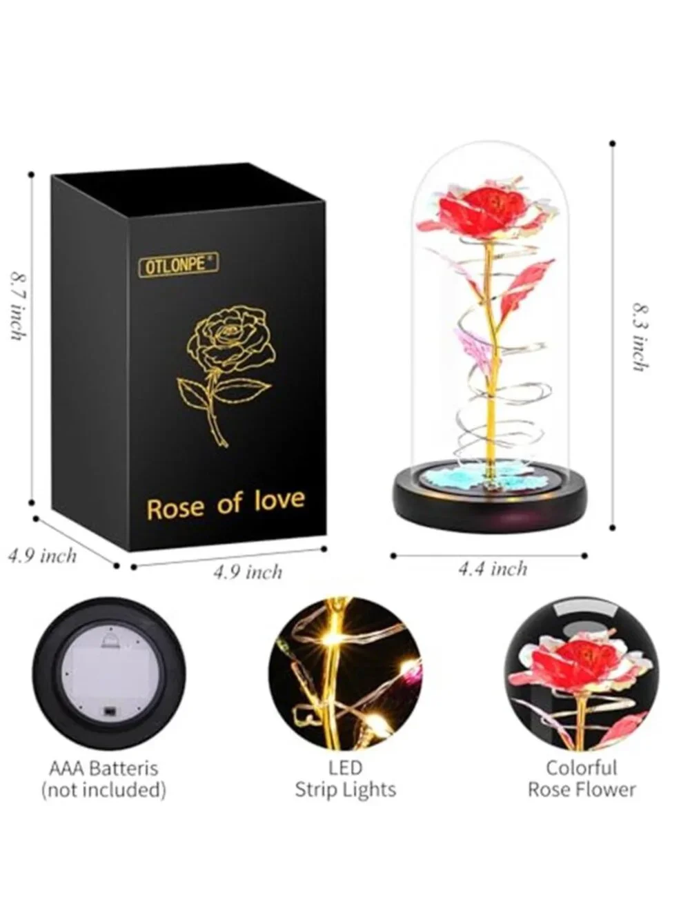 Forever Rose in Glass Dome LED Light Preserved Flower Romantic Gift Decor